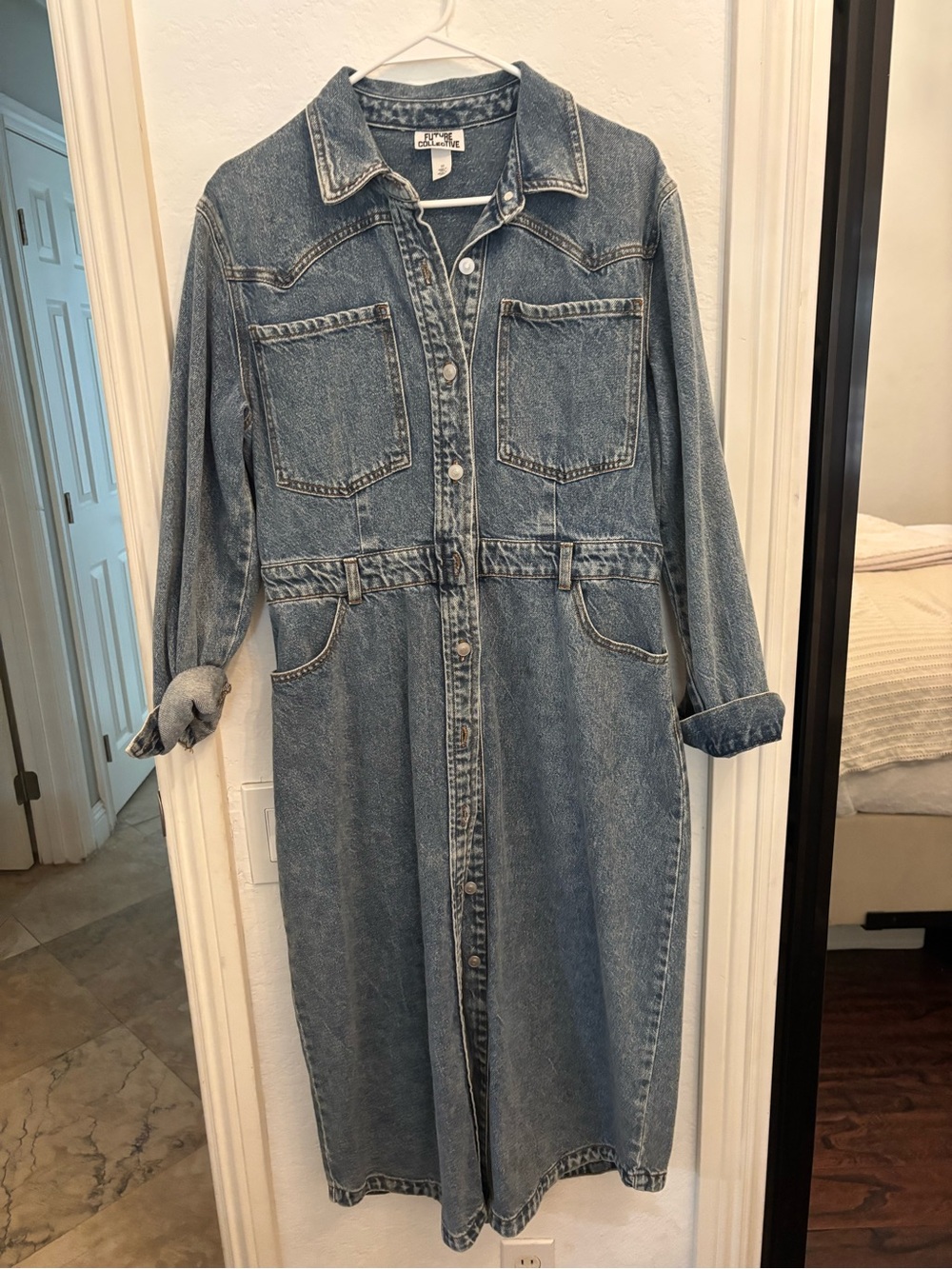 Denim Button-Front Midi Dress in Light Blue